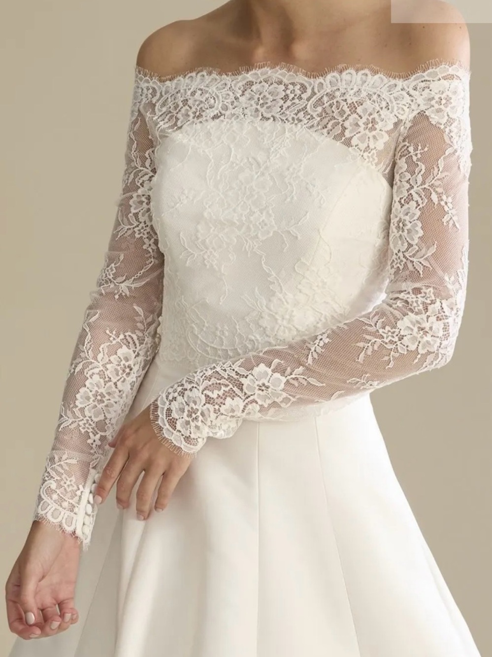 Pronovias Off-the-Shoulder White Lace Bridal Gown